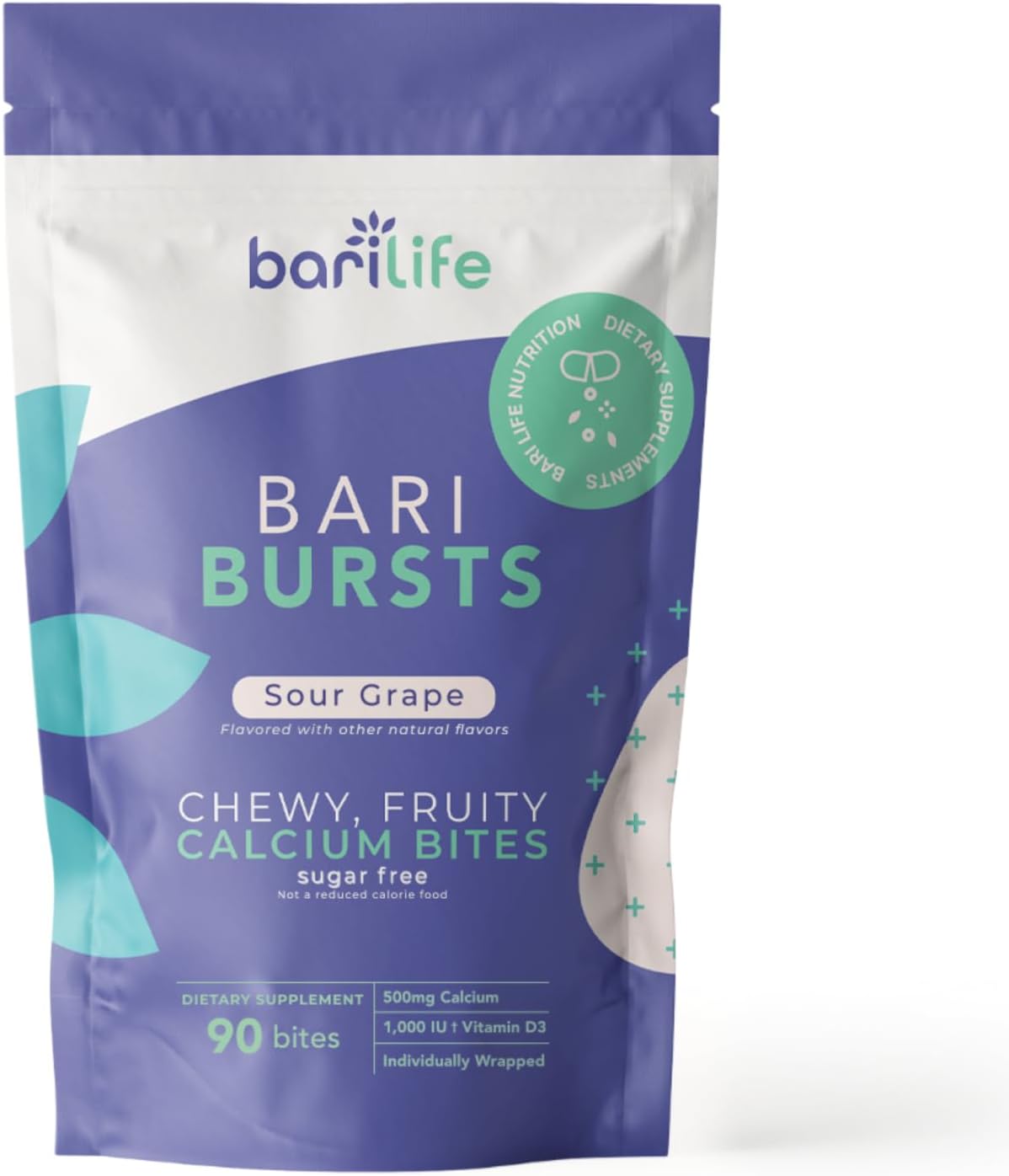 BariBurst Calcium Citrate Chews with Vitamin D3 for Bariatric Patients - Sour Grape Flavor - 1000 IU - Bari Life