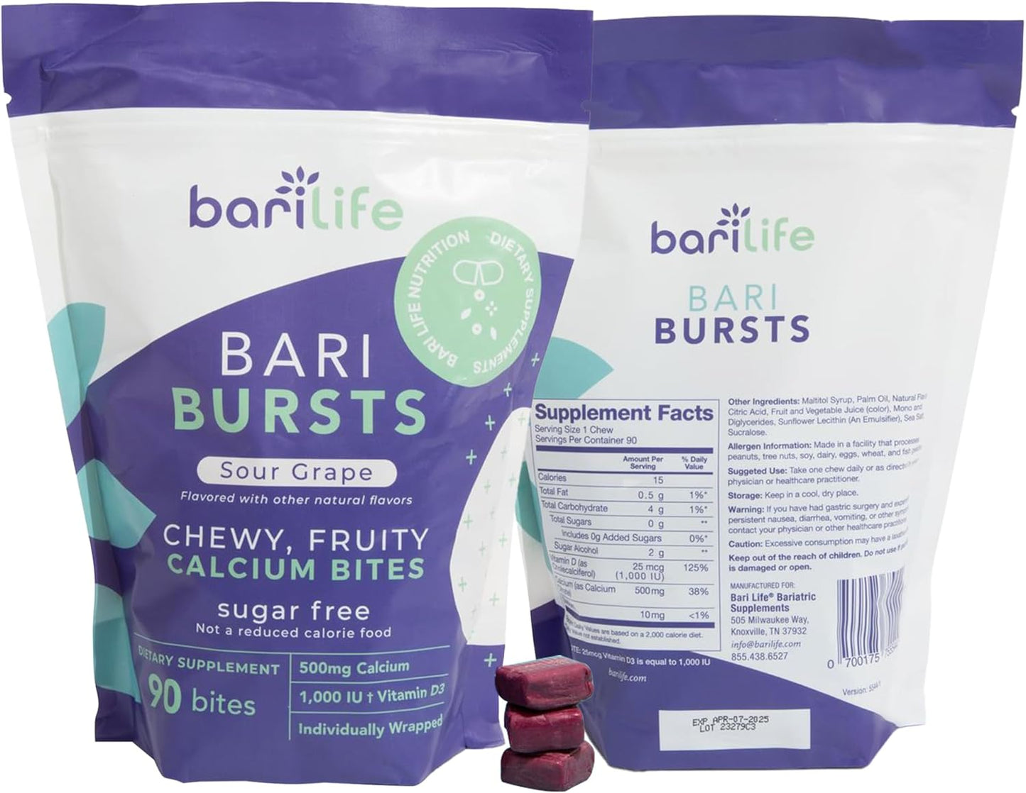 BariBurst Calcium Citrate Chews with Vitamin D3 for Bariatric Patients - Sour Grape Flavor - 1000 IU - Bari Life
