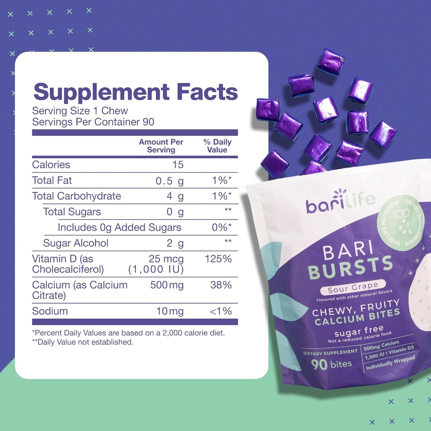 BariBurst Calcium Citrate Chews with Vitamin D3 for Bariatric Patients - Sour Grape Flavor - 1000 IU - Bari Life