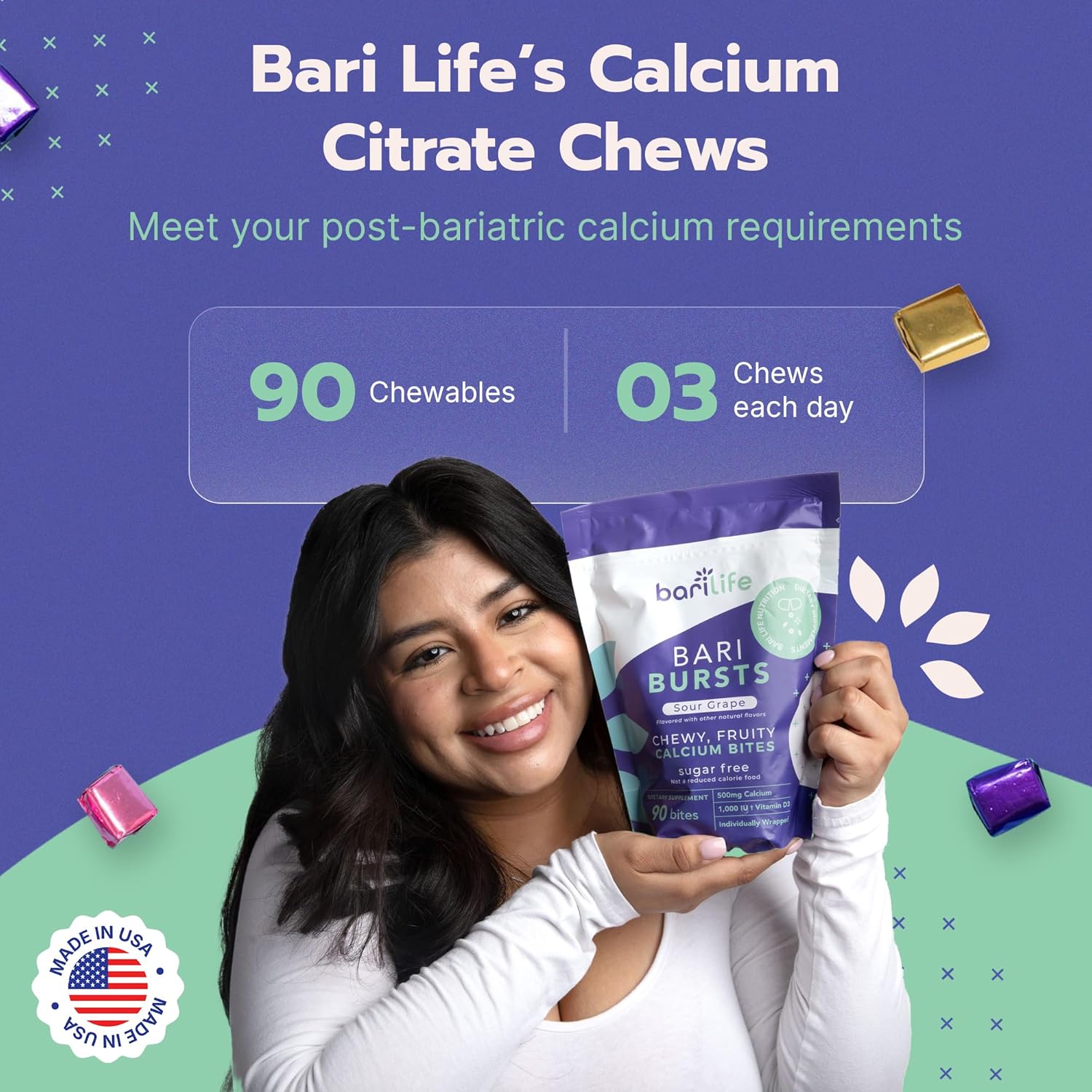 BariBurst Calcium Citrate Chews with Vitamin D3 for Bariatric Patients - Sour Grape Flavor - 1000 IU - Bari Life