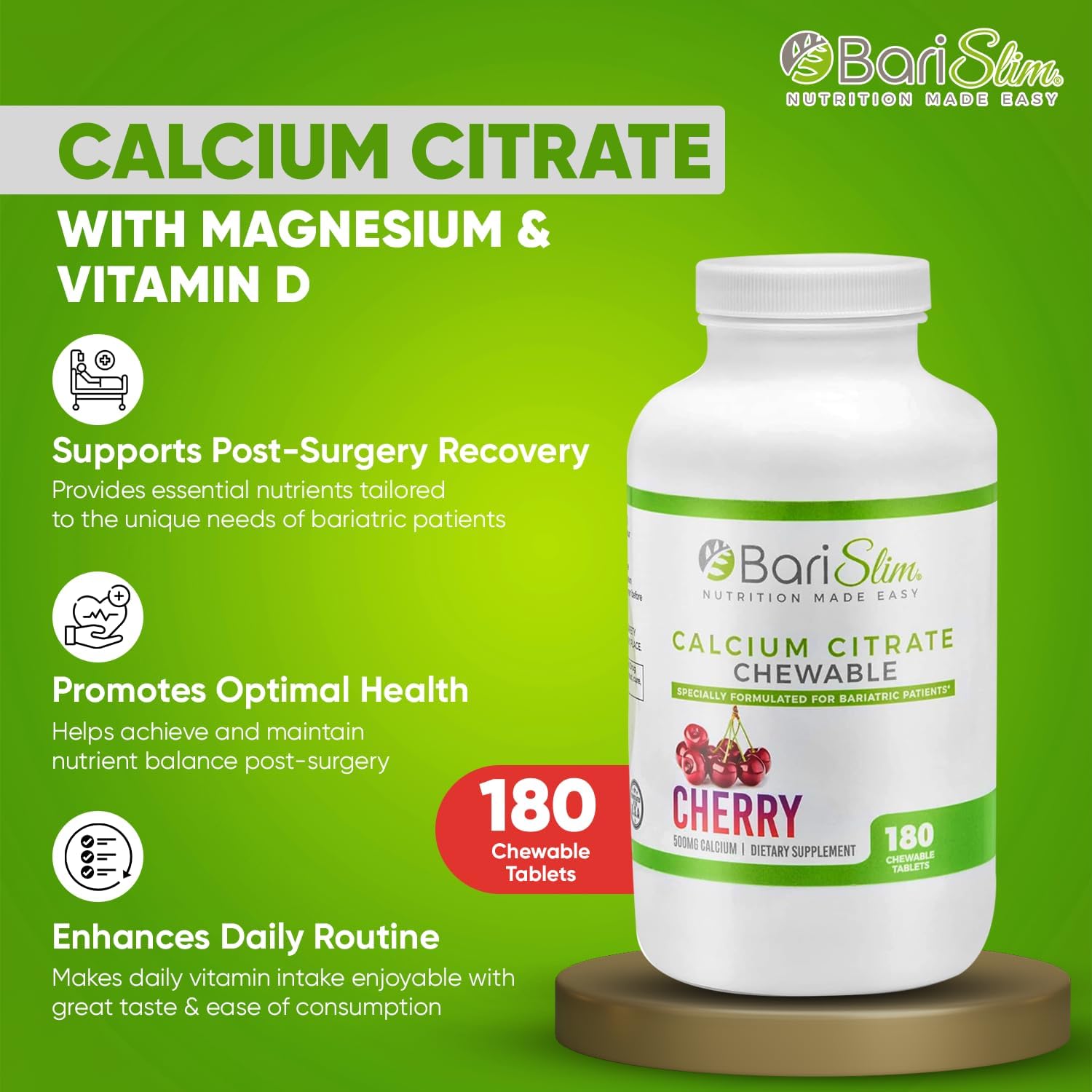 BariSlim Bariatric Calcium Citrate Tabs - 500mg - Post Slimming Formula Surgery - Bone Health - Cherry Flavor