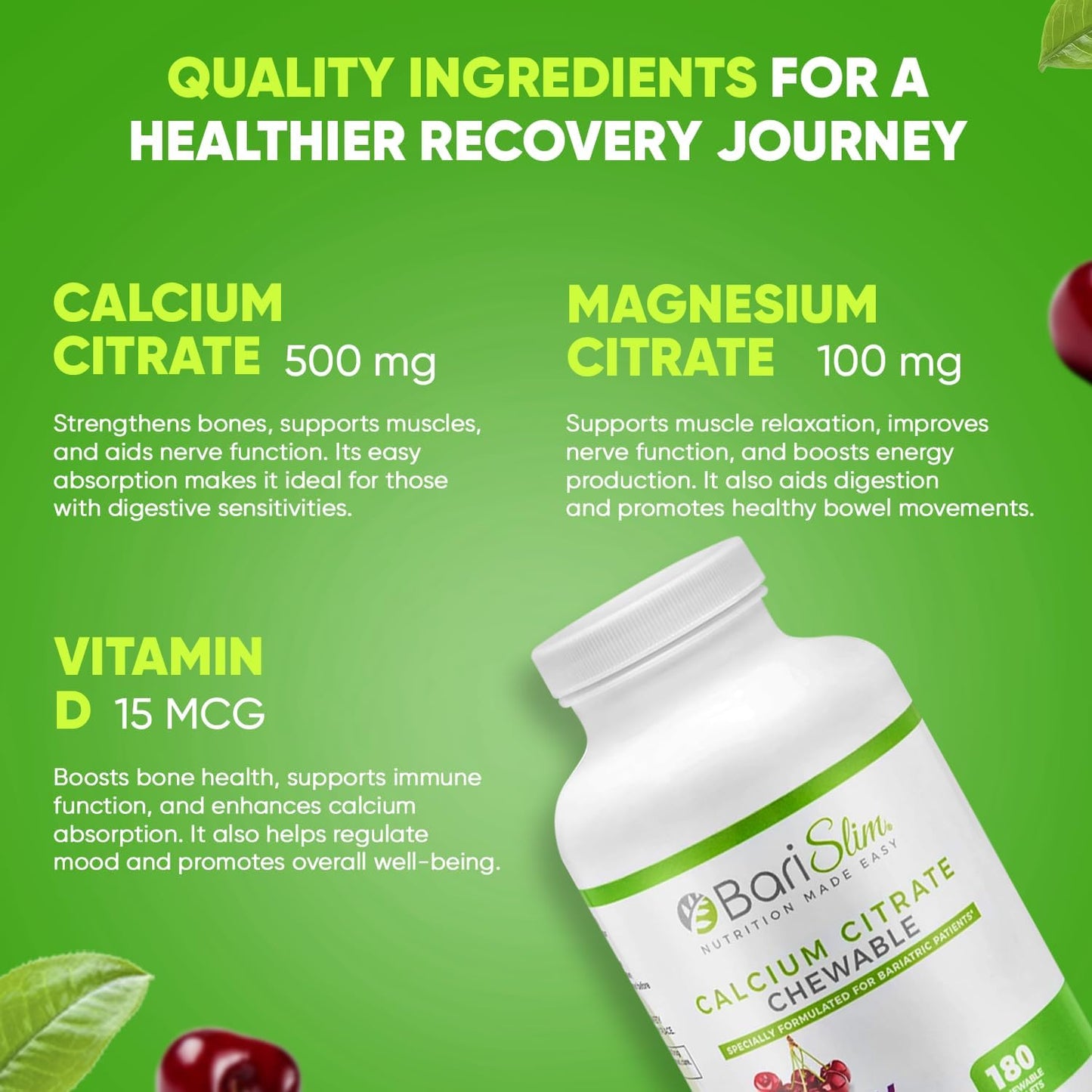 BariSlim Bariatric Calcium Citrate Tabs - 500mg - Post Slimming Formula Surgery - Bone Health - Cherry Flavor