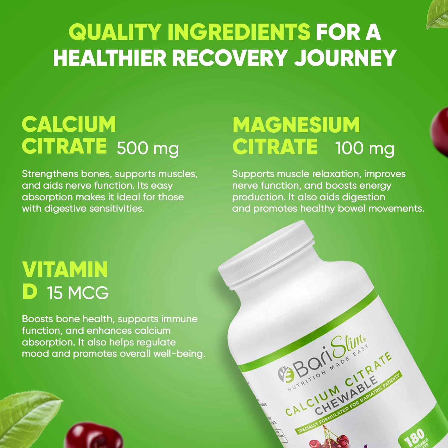 BariSlim Bariatric Calcium Citrate Tabs - 500mg - Post Slimming Formula Surgery - Bone Health - Cherry Flavor