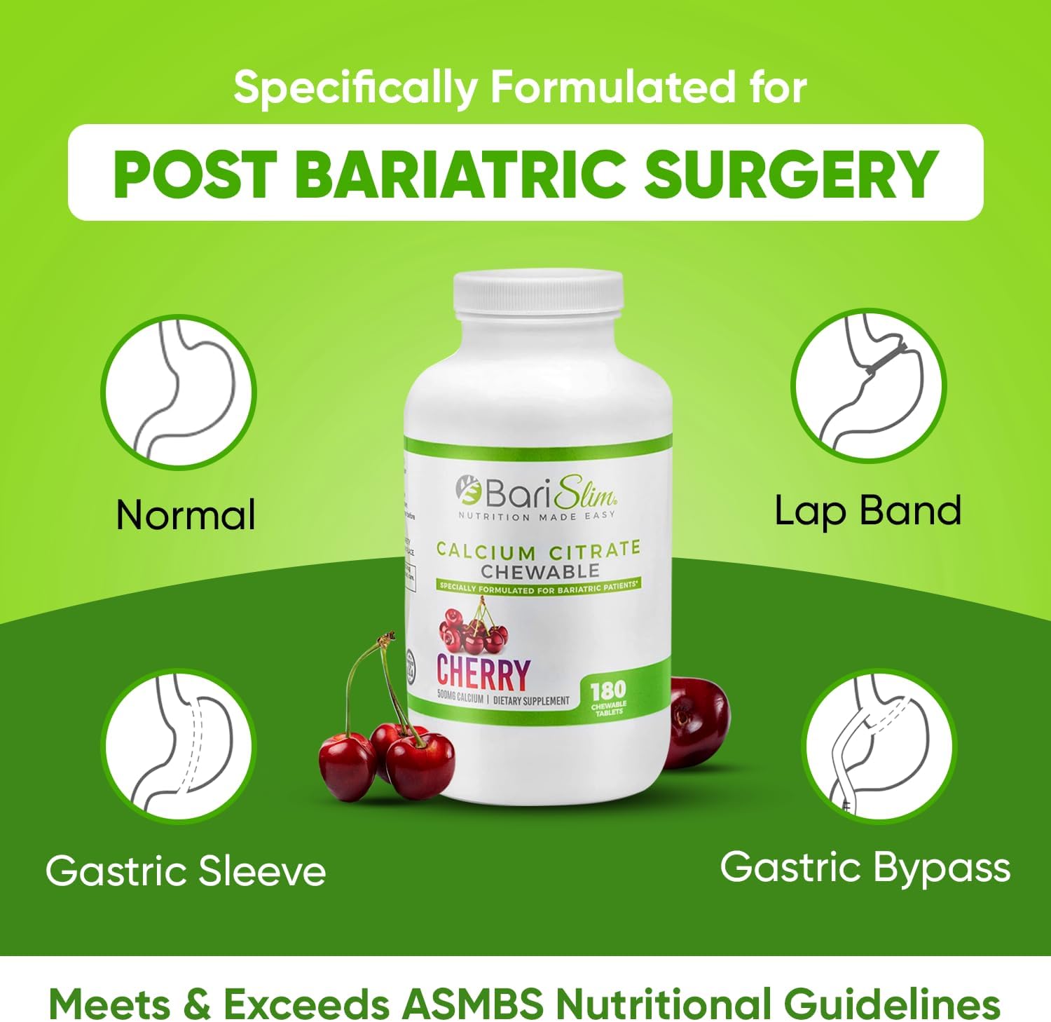 BariSlim Bariatric Calcium Citrate Tabs - 500mg - Post Slimming Formula Surgery - Bone Health - Cherry Flavor