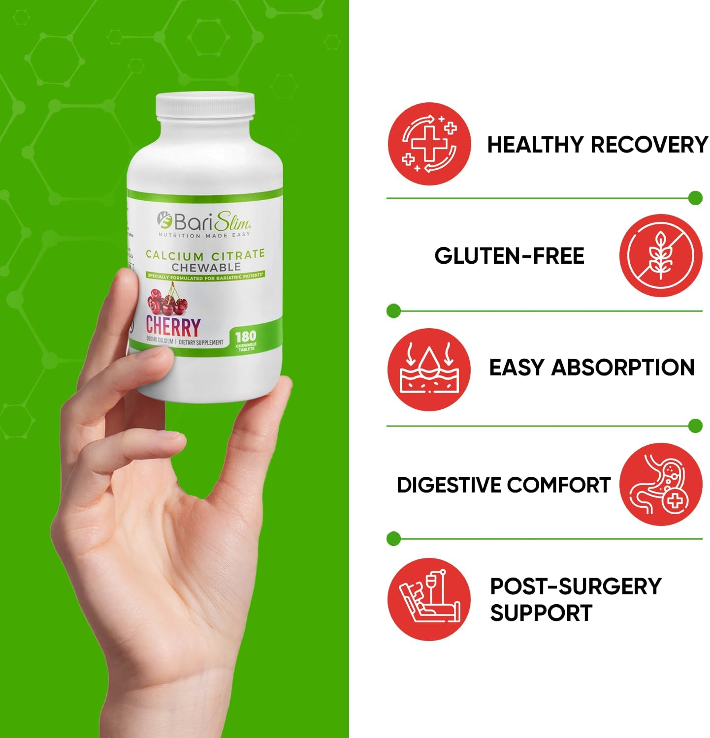BariSlim Bariatric Calcium Citrate Tabs - 500mg - Post Slimming Formula Surgery - Bone Health - Cherry Flavor