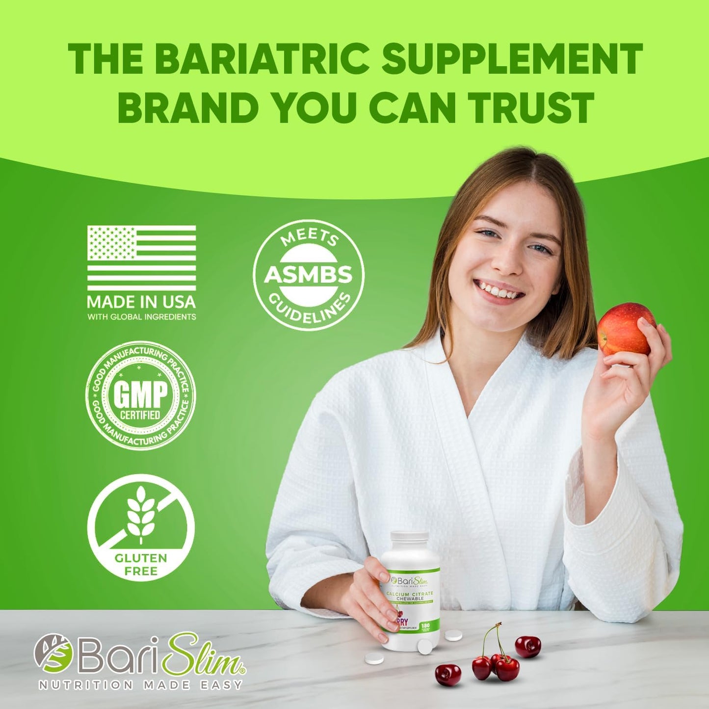 BariSlim Bariatric Calcium Citrate Tabs - 500mg - Post Slimming Formula Surgery - Bone Health - Cherry Flavor