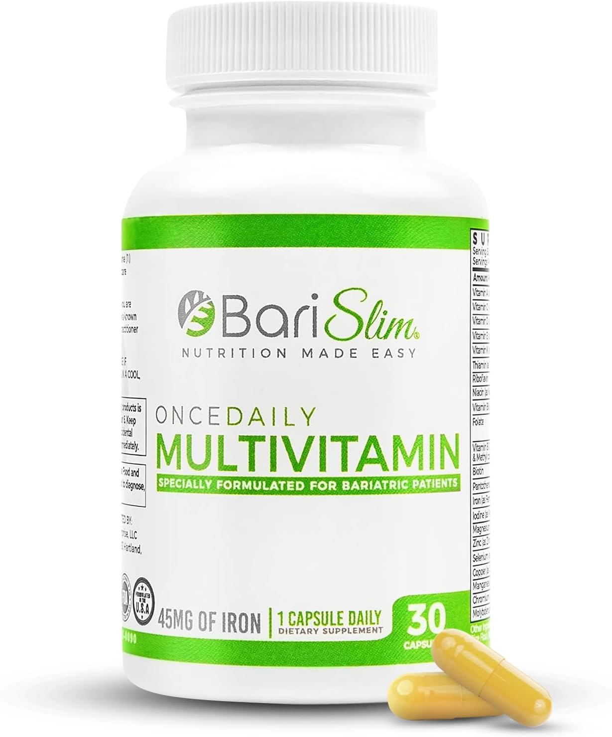 BariSlim Bariatric Multivitamin Capsule with Iron - Post-Surgery Supplement for Gastric Bypass & Sleeve - 30-Day Supply
