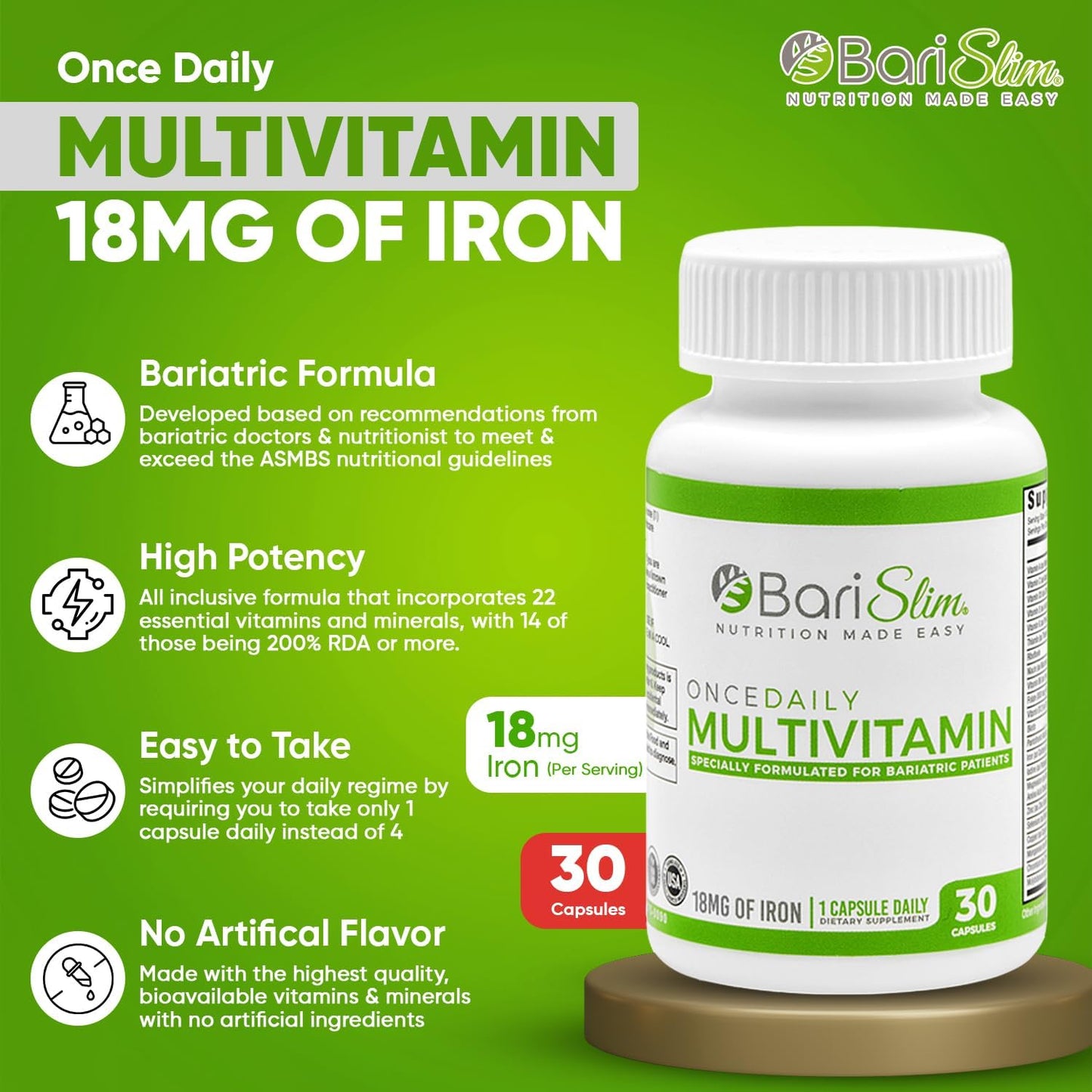 BariSlim Bariatric Multivitamin Capsule with Iron - Post Surgery Supplement for Gastric Bypass & Sleeve - 30 Day Supply - BoostGo Australia