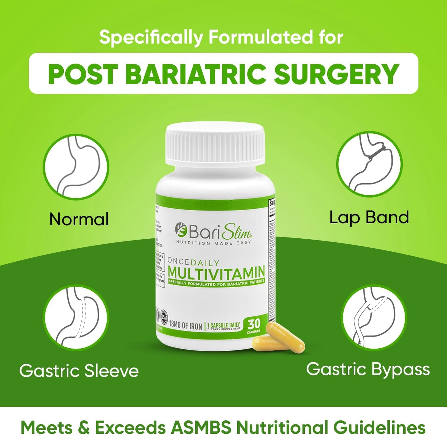 BariSlim Bariatric Multivitamin Capsule with Iron - Post Surgery Supplement for Gastric Bypass & Sleeve - 30 Day Supply - BoostGo Australia