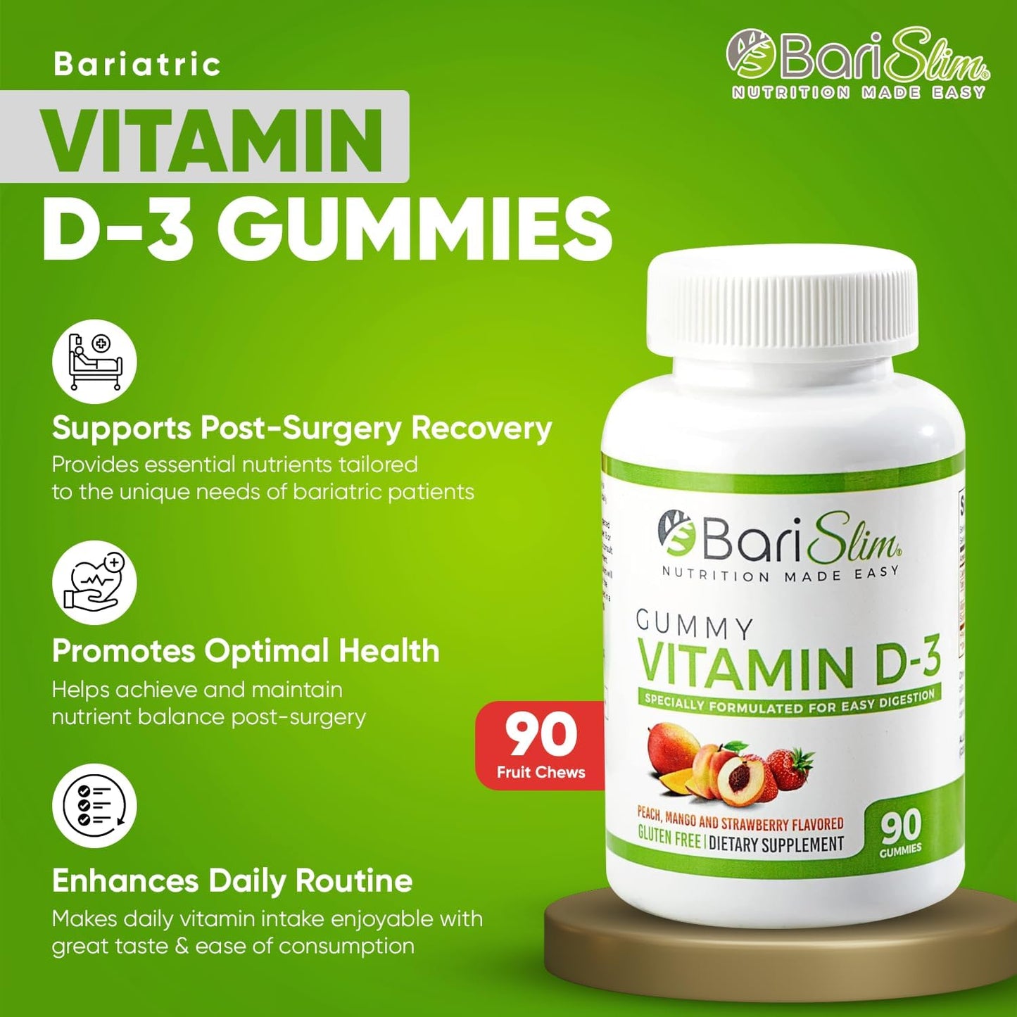 BariSlim Bariatric Vitamin D-3 Gummies - 90 Fruit Chews for Post Weight Loss Surgery Patients - Easy to Digest Fruit Flavors - BoostGo Australia