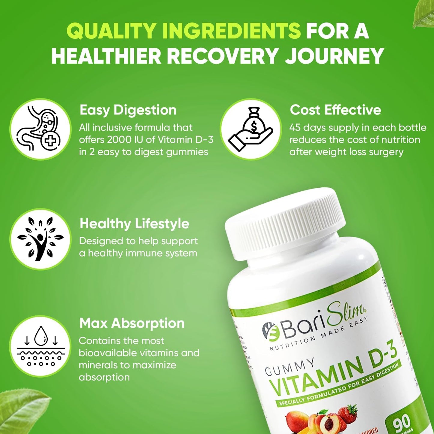 BariSlim Bariatric Vitamin D-3 Gummies - 90 Fruit Chews for Post Weight Loss Surgery Patients - Easy to Digest Fruit Flavors - BoostGo Australia