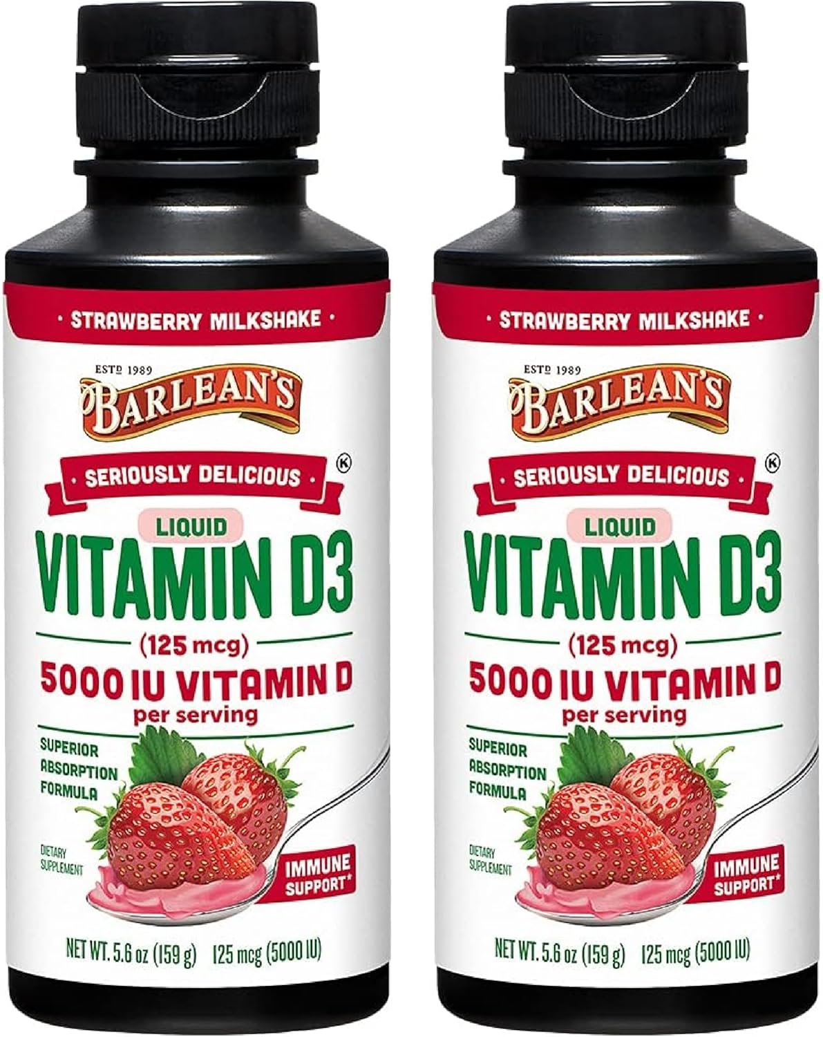 Barlean's Liquid Vitamin D Supplement Pack of 2 - 5000 IU D3, Strawberry Milkshake Flavored, Sugar-Free 5.6 oz for Kids and Adults