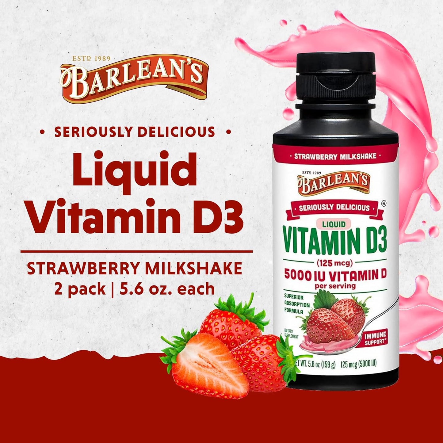 Barlean's Liquid Vitamin D Supplement Pack of 2 - 5000 IU D3, Strawberry Milkshake Flavored, Sugar-Free 5.6 oz for Kids and Adults
