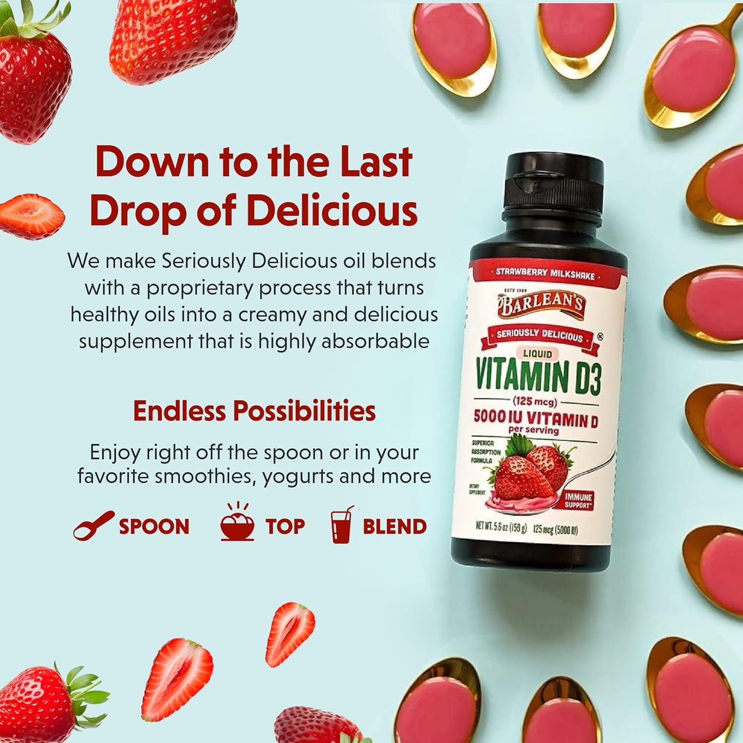 Barlean's Liquid Vitamin D Supplement Pack of 2 - 5000 IU D3, Strawberry Milkshake Flavored, Sugar-Free 5.6 oz for Kids and Adults