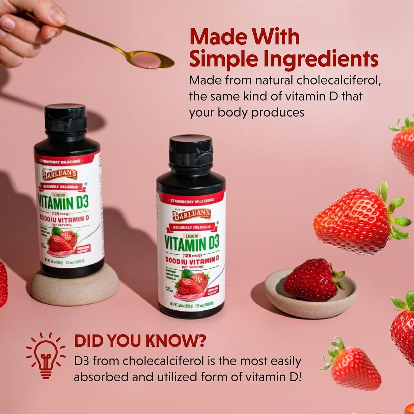 Barlean's Liquid Vitamin D Supplement Pack of 2 - 5000 IU D3, Strawberry Milkshake Flavored, Sugar-Free 5.6 oz for Kids and Adults