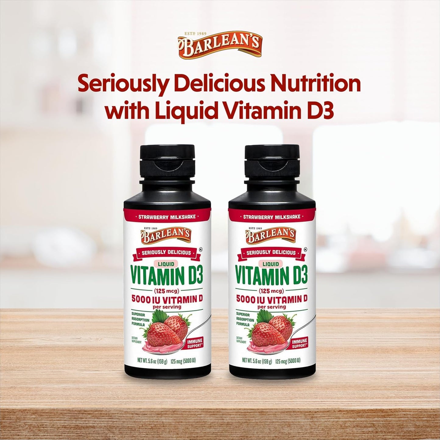 Barlean's Liquid Vitamin D Supplement Pack of 2 - 5000 IU D3, Strawberry Milkshake Flavored, Sugar-Free 5.6 oz for Kids and Adults