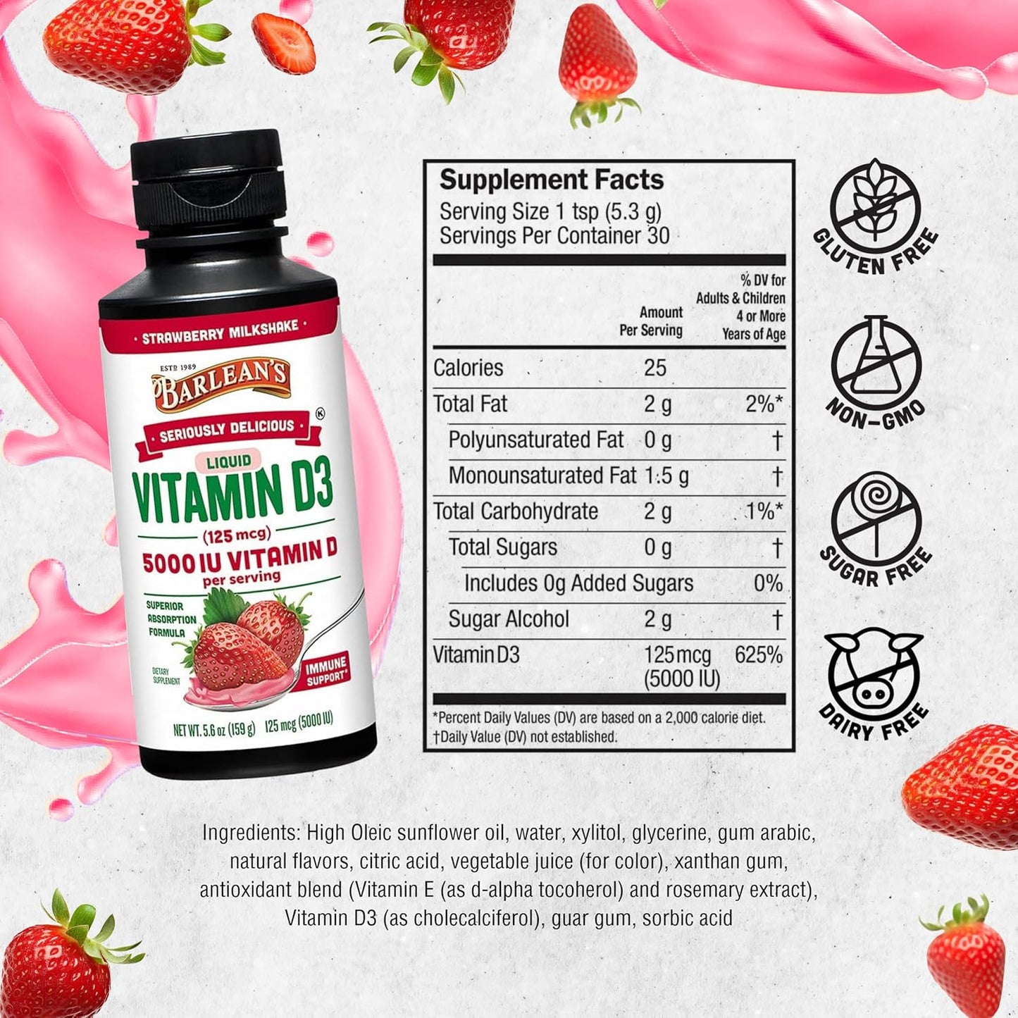 Barlean's Liquid Vitamin D Supplement Pack of 2 - 5000 IU D3, Strawberry Milkshake Flavored, Sugar-Free 5.6 oz for Kids and Adults