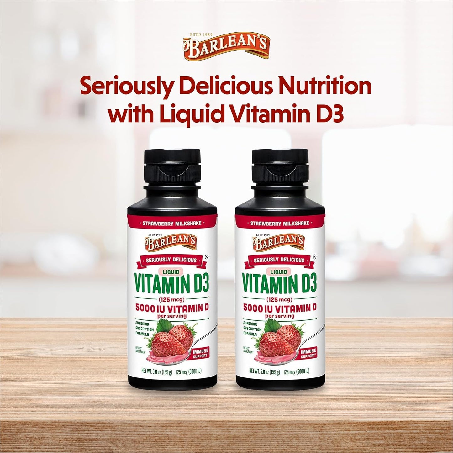 Barlean's Liquid Vitamin D Supplement Pack of 2 - 5000 IU D3, Strawberry Milkshake Flavored, Sugar-Free 5.6 oz for Kids and Adults