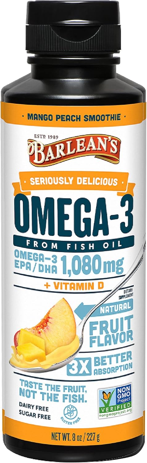 Barlean's Mango Peach Omega 3 Fish Oil Liquid Supplement with Vitamin D, 1080mg EPA & DHA Fatty Acid, Smoothie Flavored, Burpless - 8 oz