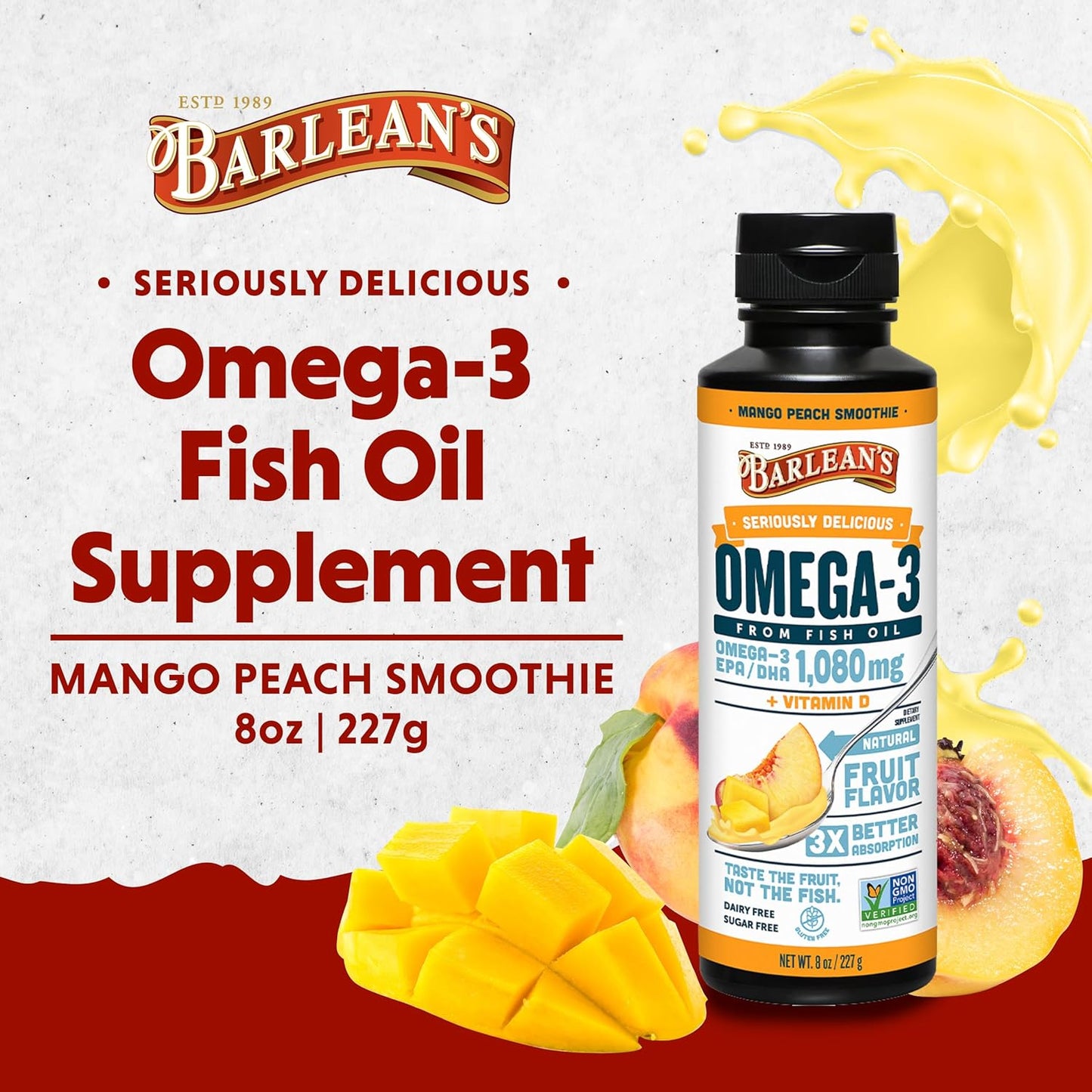 Barlean's Mango Peach Omega 3 Fish Oil Liquid Supplement with Vitamin D, 1080mg EPA & DHA Fatty Acid, Smoothie Flavored, Burpless - 8 oz