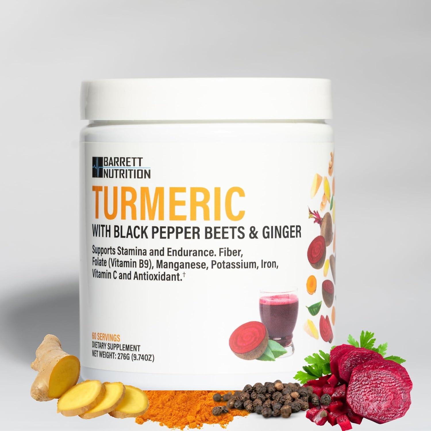 BARRETT NUTRITION Turmeric with Black Pepper, Beets, and Ginger for Energy & Endurance, Joint Support - High in Folate, Potassium, and Iron