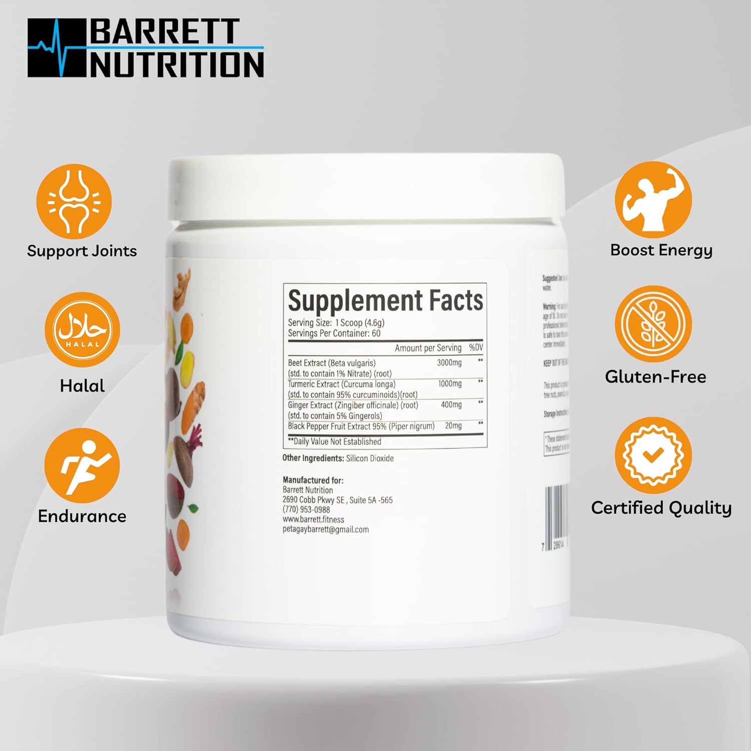 BARRETT NUTRITION Turmeric with Black Pepper, Beets, and Ginger for Energy & Endurance, Joint Support - High in Folate, Potassium, and Iron