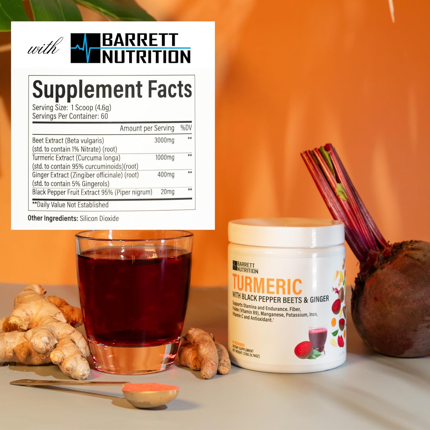 BARRETT NUTRITION Turmeric with Black Pepper, Beets, and Ginger for Energy & Endurance, Joint Support - High in Folate, Potassium, and Iron