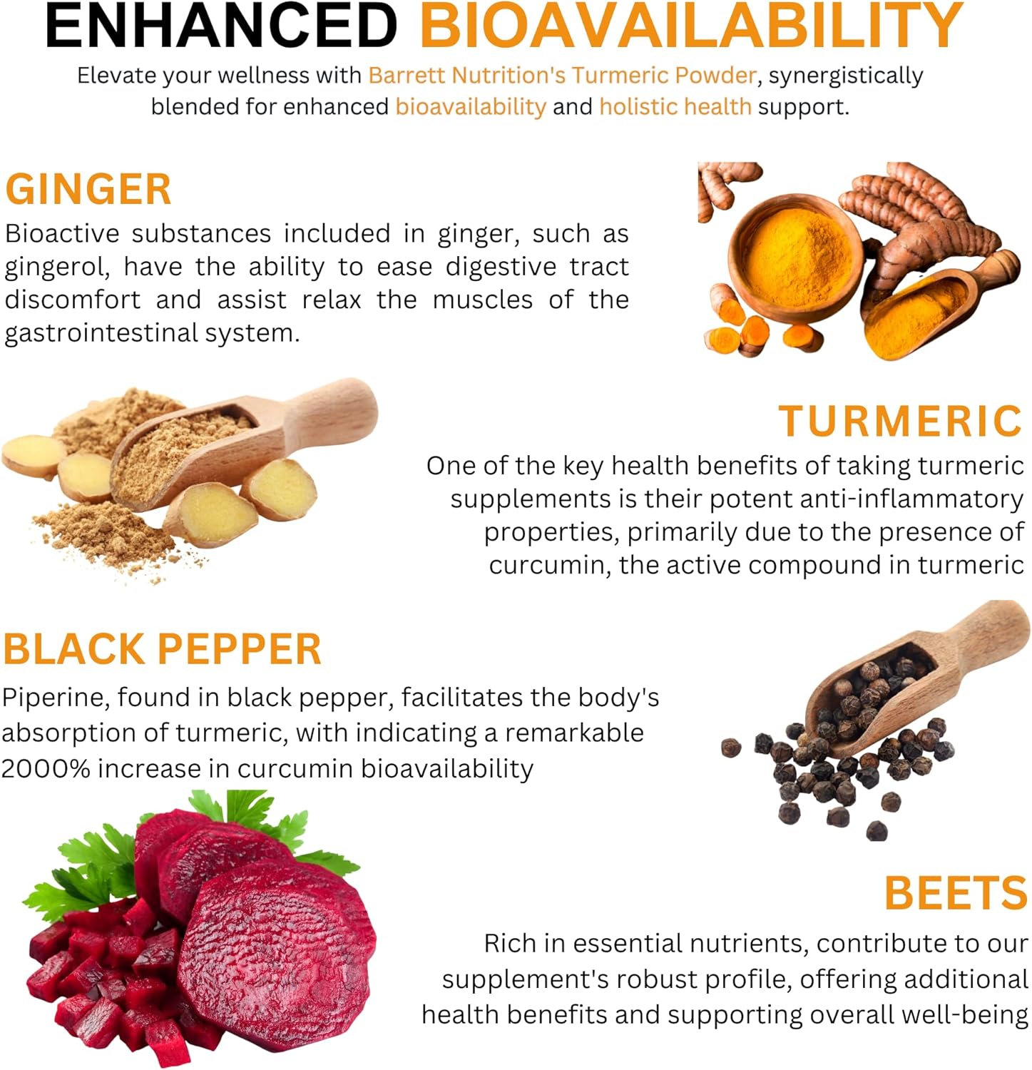 BARRETT NUTRITION Turmeric with Black Pepper, Beets, and Ginger for Energy & Endurance, Joint Support - High in Folate, Potassium, and Iron