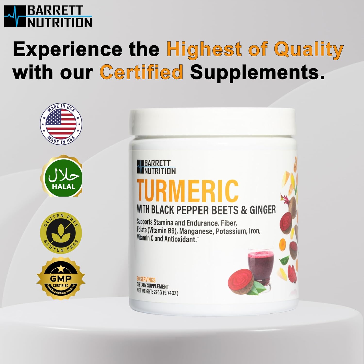 BARRETT NUTRITION Turmeric with Black Pepper, Beets, and Ginger for Energy & Endurance, Joint Support - High in Folate, Potassium, and Iron