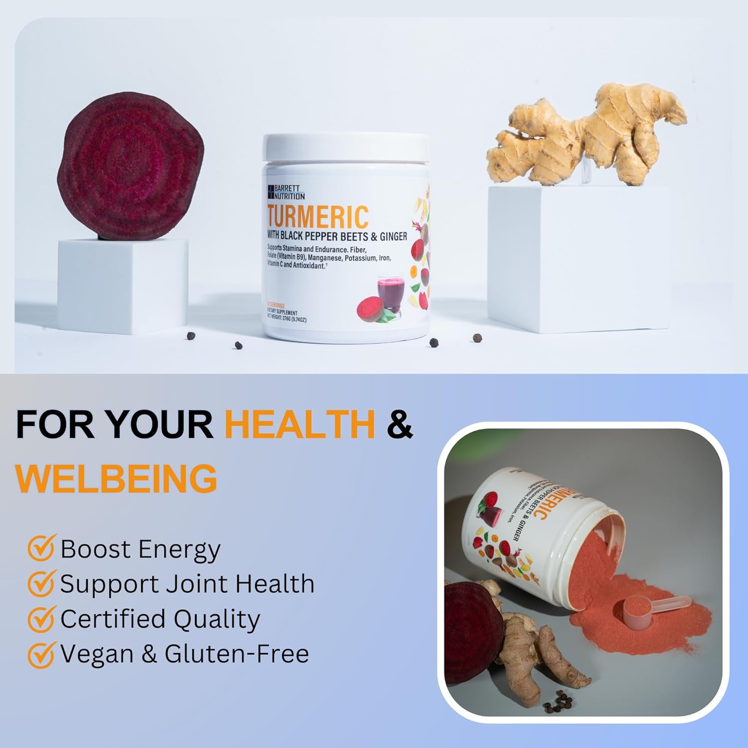 BARRETT NUTRITION Turmeric with Black Pepper, Beets, and Ginger for Energy & Endurance, Joint Support - High in Folate, Potassium, and Iron