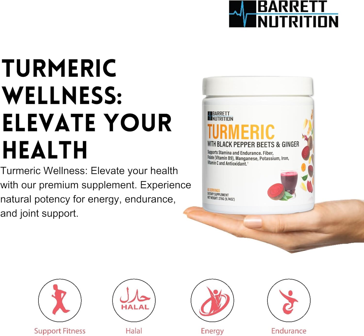BARRETT NUTRITION Turmeric with Black Pepper, Beets, and Ginger for Energy & Endurance, Joint Support - High in Folate, Potassium, and Iron