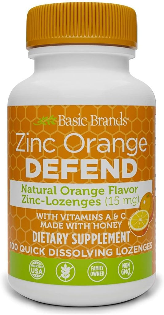 Basic Organics Basic Brands Zinc Lozenges - 100 Count, Orange Flavor - Immune Support Supplement for Cold Relief