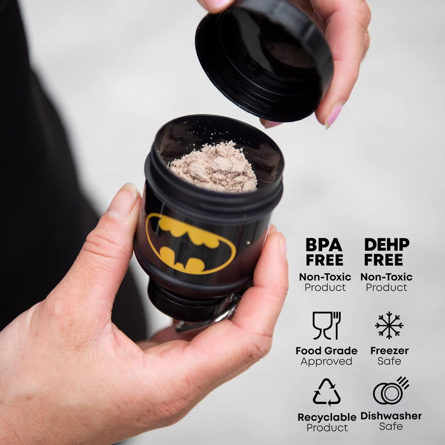 Batman Smartshake Whey2Go Protein Powder Container - 50g Capacity, BPA-Free Shaker Bottle with Funnel for Protein Shakes - 110ml, DC Comics Batman Gift for Men