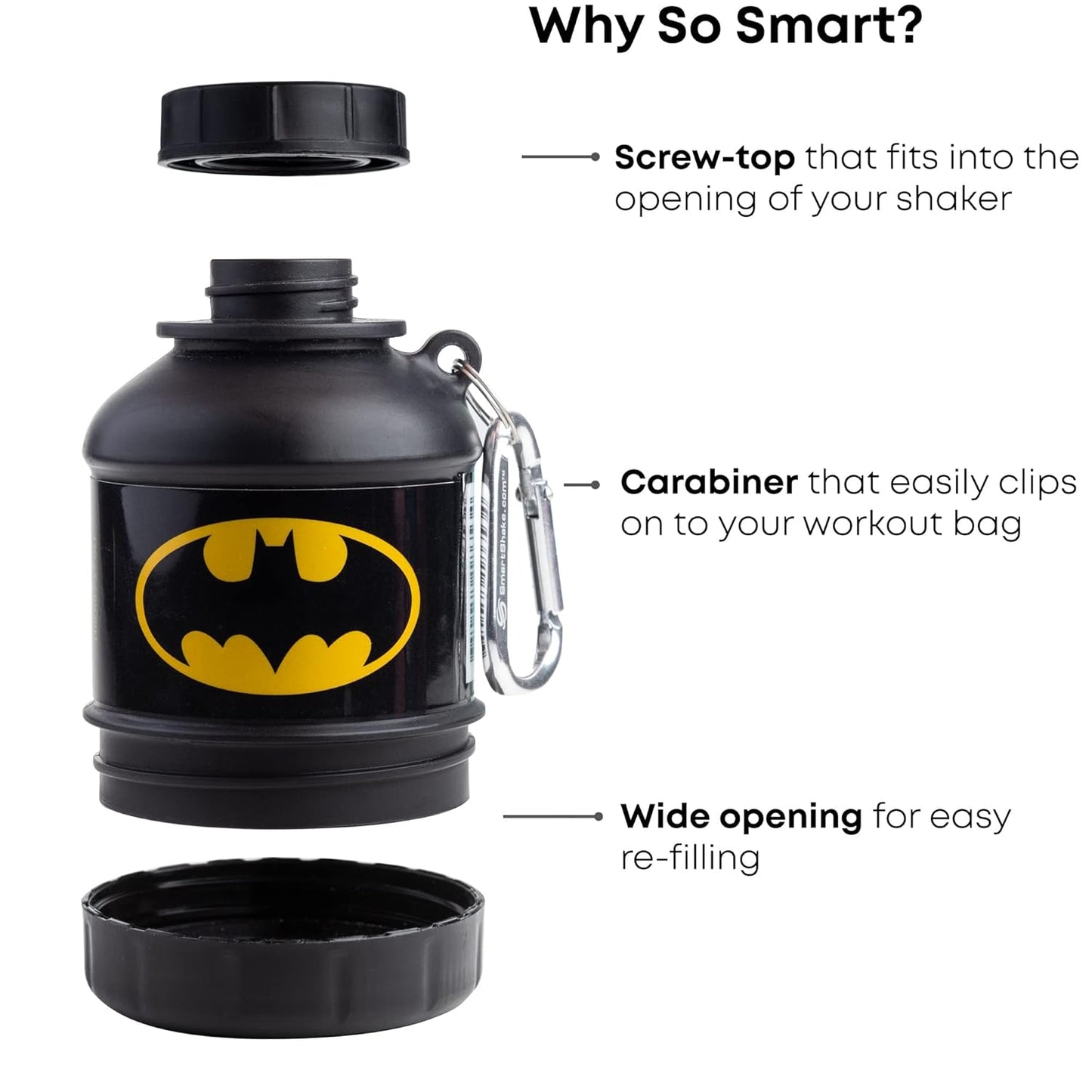 Batman Smartshake Whey2Go Protein Powder Container - 50g Capacity, BPA-Free Shaker Bottle with Funnel for Protein Shakes - 110ml, DC Comics Batman Gift for Men
