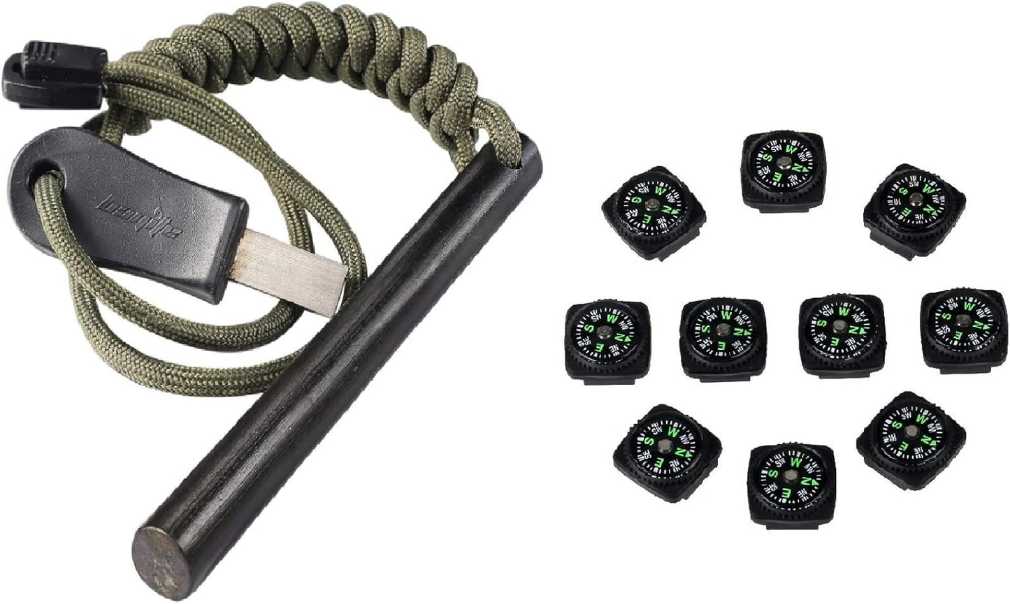 bayite 4" Ferro Rod Kit with Striker and 10 Pack Button Compass - Fire Starter for Survival Gear