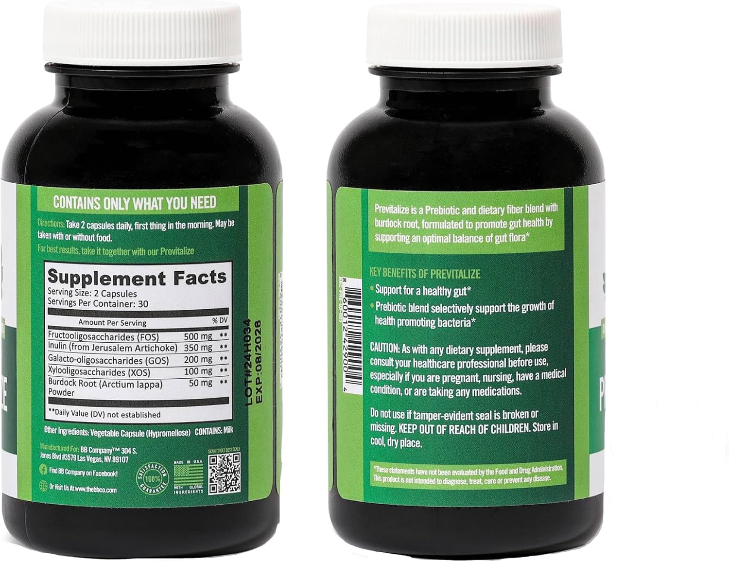 BB Company Previtalize: Women's Prebiotic Fiber for Gut & Digestive Health, 60 Ct Pack, Complement to Probiotics & Provitalize