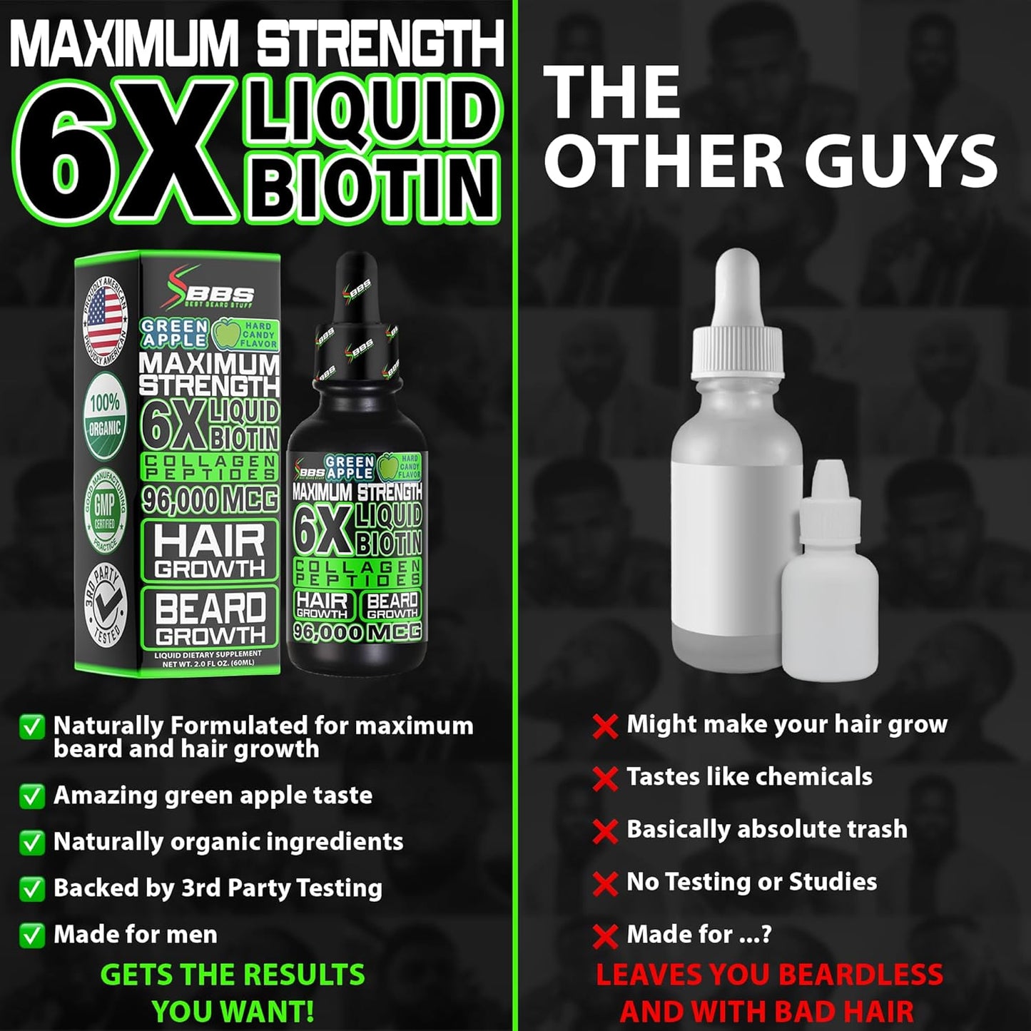 BBS USA Maximum Strength Biotin & Collagen Liquid for Men - Hair & Beard Growth Supplement with 6X Absorption - 2 OZ