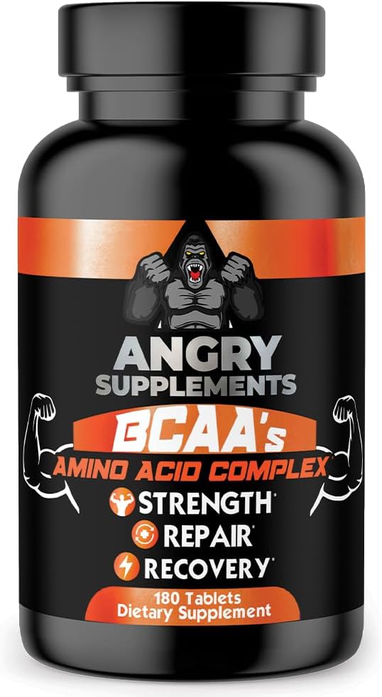 BCAA Amino Acid Complex Tablets for Workout Recovery & Strength - 180ct Bottle with L-Leucine, L-Isoleucine, L-Valine, Vitamin B6, & E