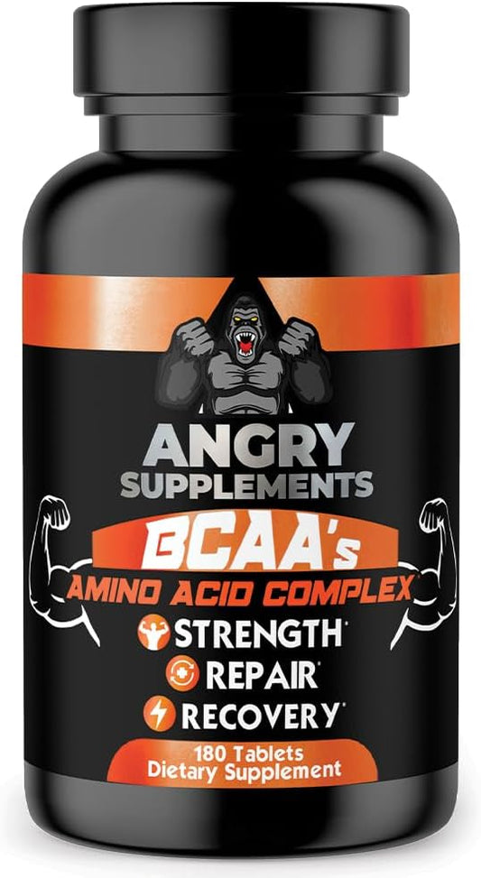 BCAA Amino Acid Complex Tablets for Workout Recovery & Strength - 180ct Bottle with L-Leucine, L-Isoleucine, L-Valine, Vitamin B6, & E