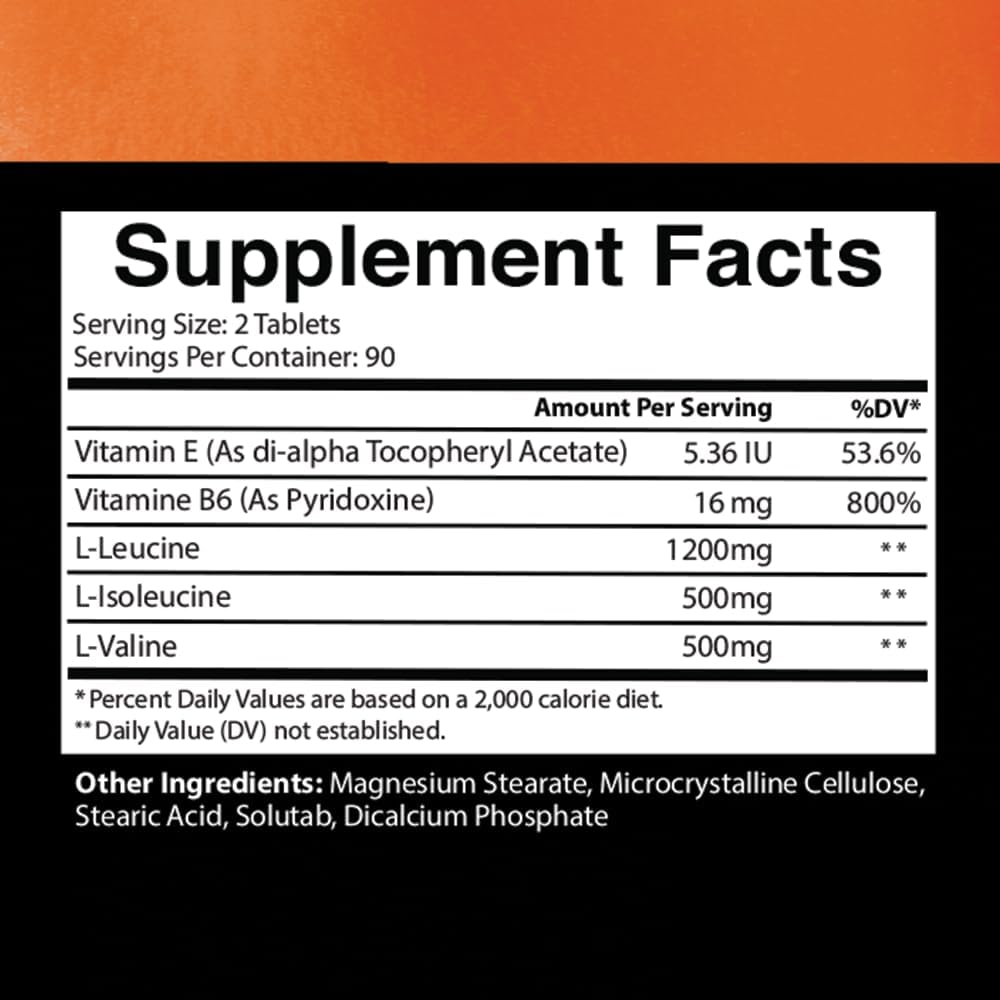 BCAA Amino Acid Complex Tablets for Workout Recovery & Strength - 180ct Bottle with L-Leucine, L-Isoleucine, L-Valine, Vitamin B6, & E