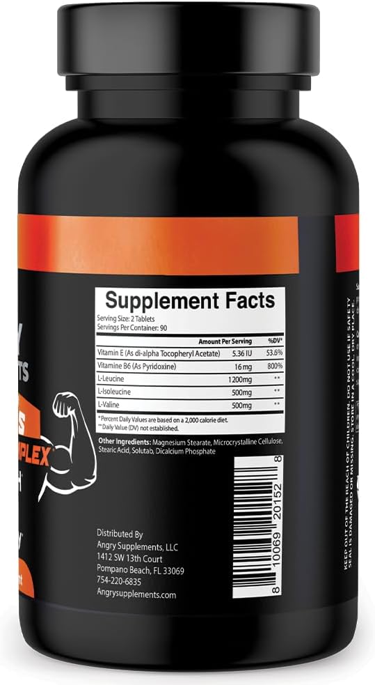 BCAA Amino Acid Complex Tablets for Workout Recovery & Strength - 180ct Bottle with L-Leucine, L-Isoleucine, L-Valine, Vitamin B6, & E