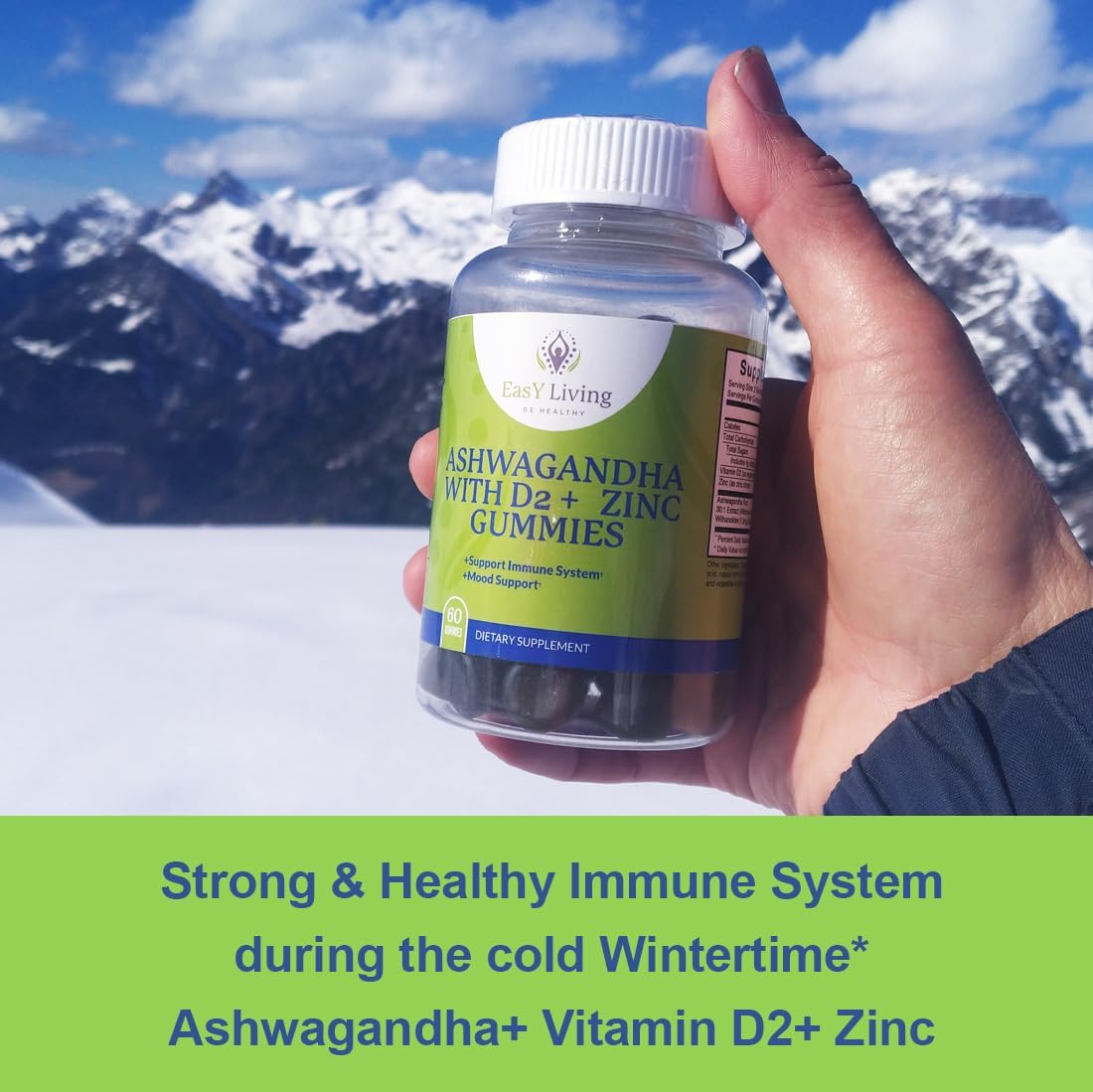 BE HEALTHY Ashwagandha Gummies with Vitamin D2 and Zinc for Stress Relief & Immune Support - Vegan, Non-GMO, Gluten-Free - 60 Count