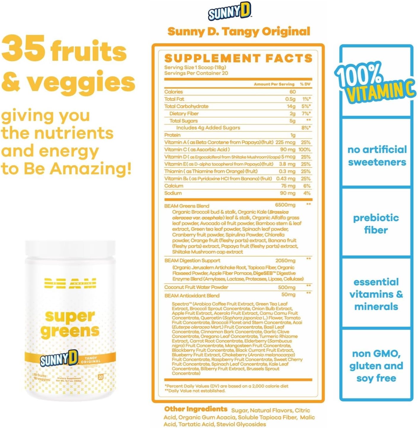 BEAM Be Amazing Super Greens Powder: Energy Boost with Prebiotics & Antioxidants - Gluten-Free Juice Mix, 25 Servings