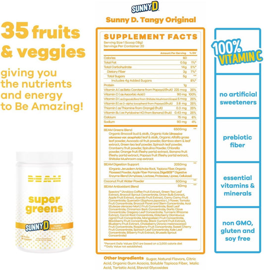 BEAM Be Amazing Super Greens Powder: Energy Boost with Prebiotics & Antioxidants - Gluten-Free Juice Mix, 25 Servings