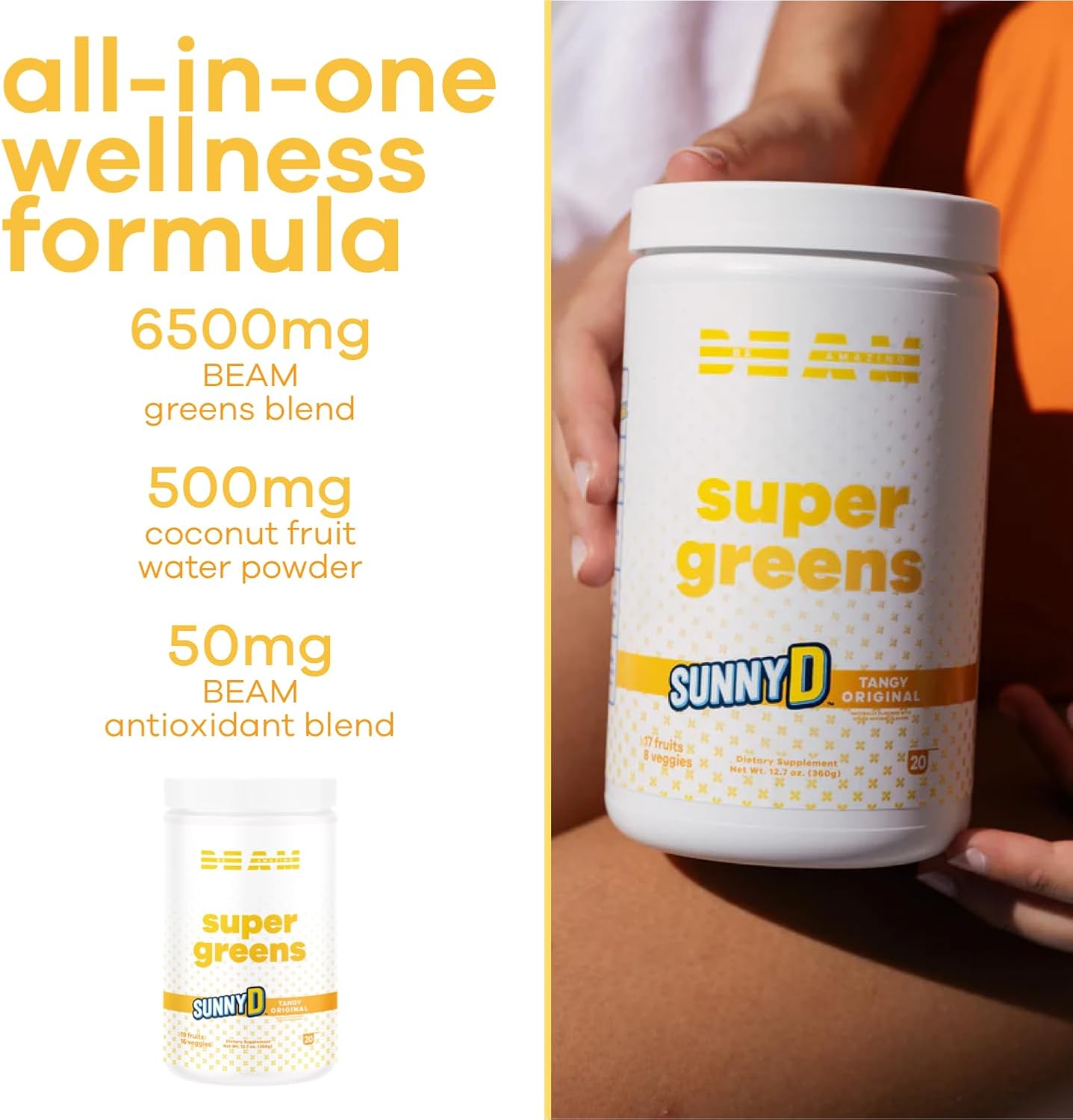 BEAM Be Amazing Super Greens Powder: Energy Boost with Prebiotics & Antioxidants - Gluten-Free Juice Mix, 25 Servings