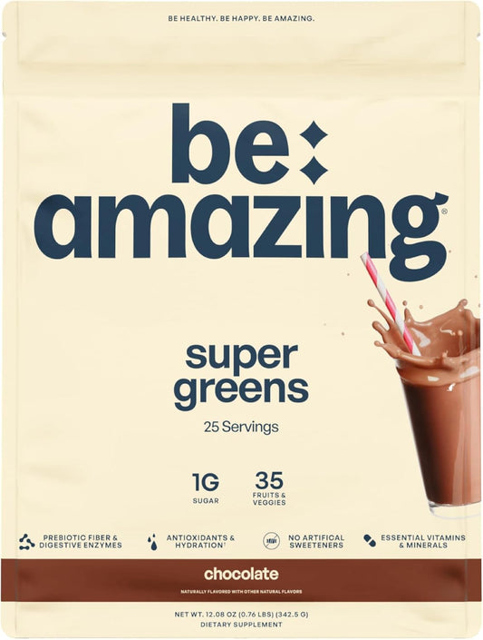 BEAM Be Amazing Super Greens Powder: Energy Supplements with Prebiotics, Digestive Enzymes, Antioxidants, 18 Fruits, 8 Veggies, Gluten-Free Juice & Smoothie Mix, Chocolate Flavor - 25 Servings