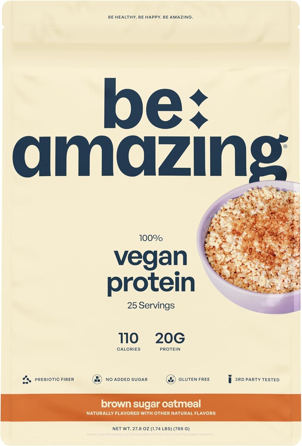 BEAM Be Amazing Vegan Protein Powder - Plant-Based, Prebiotic Fiber, Low Carb, Non-Dairy Smoothie Mix - Brown Sugar Oatmeal Flavor