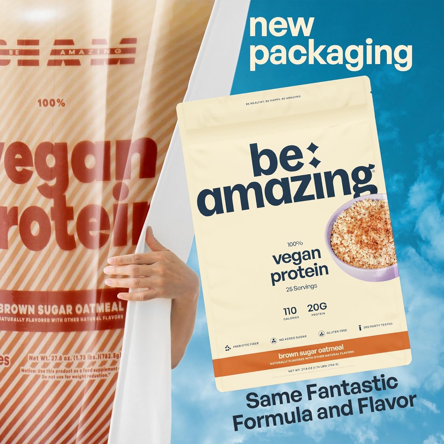 BEAM Be Amazing Vegan Protein Powder - Plant-Based, Prebiotic Fiber, Low Carb, Non-Dairy Smoothie Mix - Brown Sugar Oatmeal Flavor