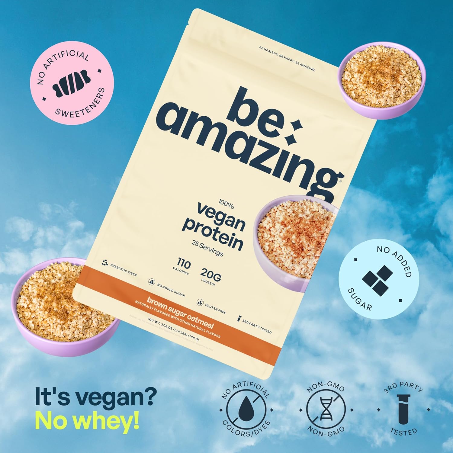 BEAM Be Amazing Vegan Protein Powder - Plant-Based, Prebiotic Fiber, Low Carb, Non-Dairy Smoothie Mix - Brown Sugar Oatmeal Flavor