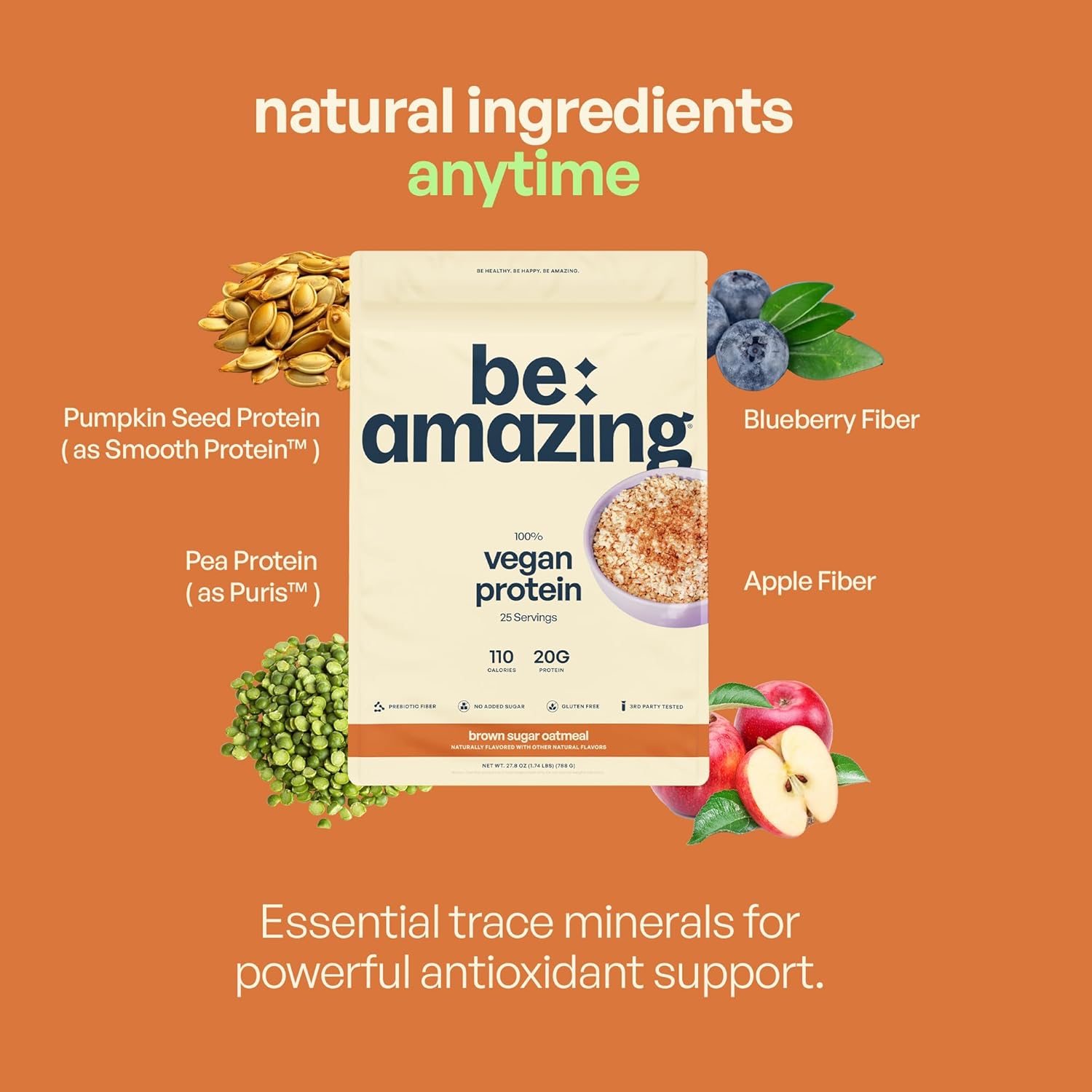BEAM Be Amazing Vegan Protein Powder - Plant-Based, Prebiotic Fiber, Low Carb, Non-Dairy Smoothie Mix - Brown Sugar Oatmeal Flavor